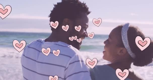 Animation Heart Icons African American Couple Beach Fashion Lifestyle Concept — стоковое видео
