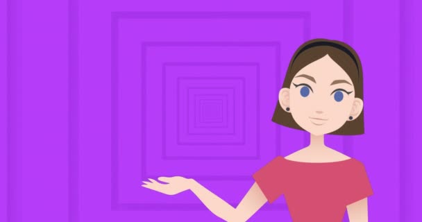 Анимация Женской Иконы Над Фиолетовыми Квадратами Абстрактная Фоновая Шаблонная Концепция — стоковое видео