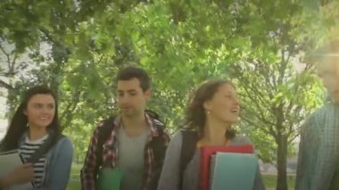 Güneşli bir günde konuşan ve yürüyen çeşitli erkek ve kadın öğrencilerin videosu. eğitim, öğrenme ve okul konseptine geri dönüş.