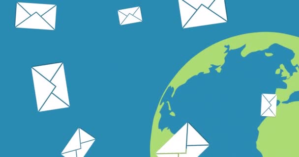 Animation Emails Floating Globe Blue Background Global Social Media Connections — Stock Video