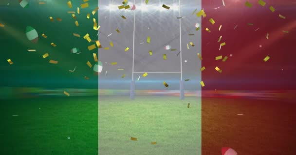 Gouden Confetti Italiaanse Zwaaiende Vlag Rugbyballen Vallen Tegen Sportstadion Achtergrond — Stockvideo