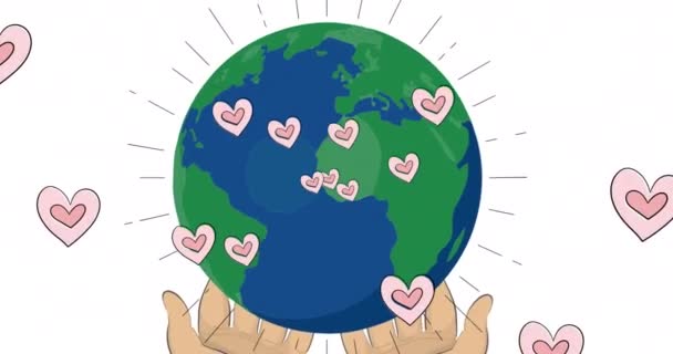 Animation Hearts Floating Hands Holding Globe White Background Global Social — Stock Video