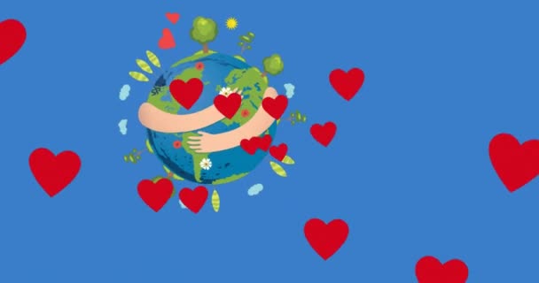 Animation Hearts Floating Hands Holding Globe Blue Background Global Social — Stock videók