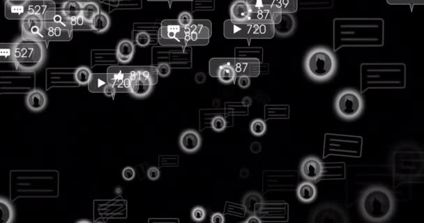 Анимация Иконок Пользователей Плавающих Черном Фоне Оповещениями Социальных Сетях Глобальные — стоковое видео