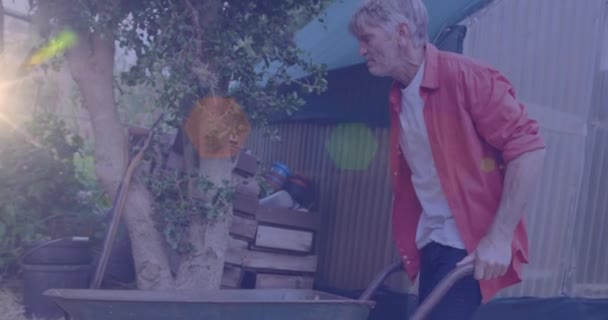 Animazione Macchie Luminose Luce Uomo Caucasico Con Carriola Giardinaggio Giardinaggio — Video Stock