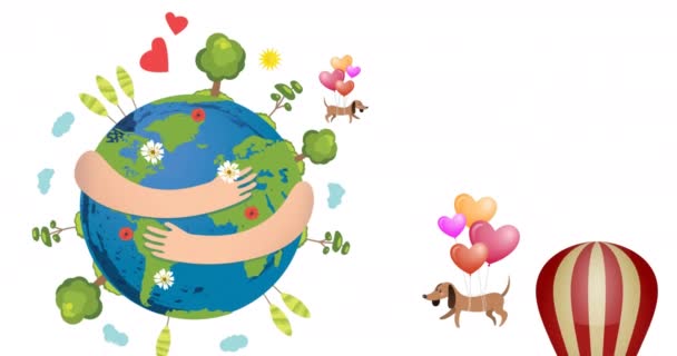 Animation Balloon Dog Heart Hands Holding Globe White Background Global — Stock Video