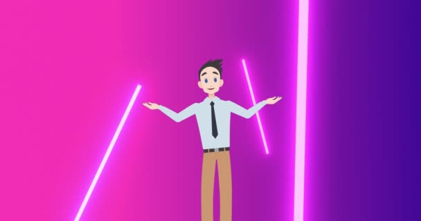 Icono Animación Del Hombre Sobre Líneas Neón Sobre Fondo Púrpura — Vídeo de stock
