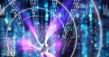 Mavi zemin üzerinde ikili kodlama veri işleme üzerine dijital dalga. siber güvenlik ve teknoloji kavramı