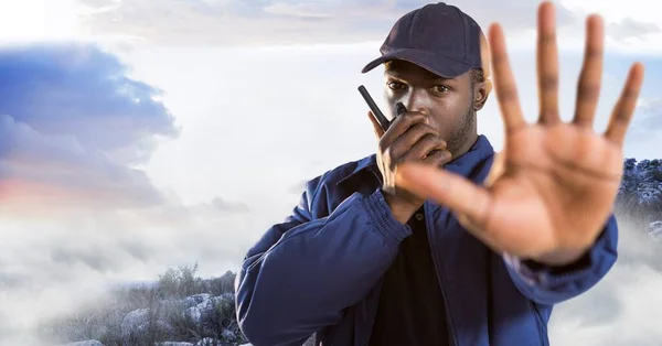 Composite Image African American Man Walkie Talkie Making Stop Gesture — 스톡 사진