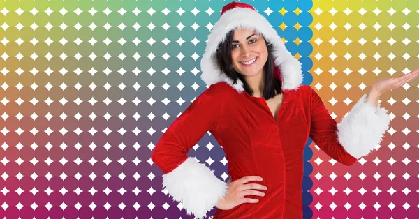 Porträt Einer Kaukasischen Frau Weihnachtsmannkostüm Vor Buntem Hintergrund Mit Kopierraum — Stockfoto