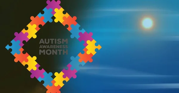 Monatstext Zum Thema Autismus Über Puzzle Banner Vor Blauem Hintergrund — Stockfoto