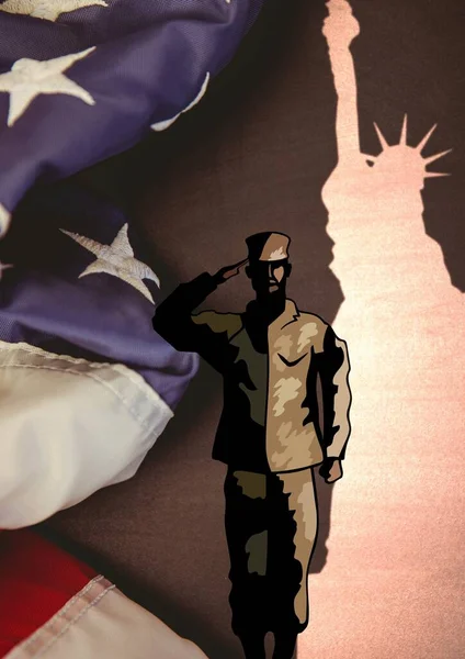 Soldier Saluting Flag Statue Liberty Silhouette Grey Background Copy Space — Stock Photo, Image