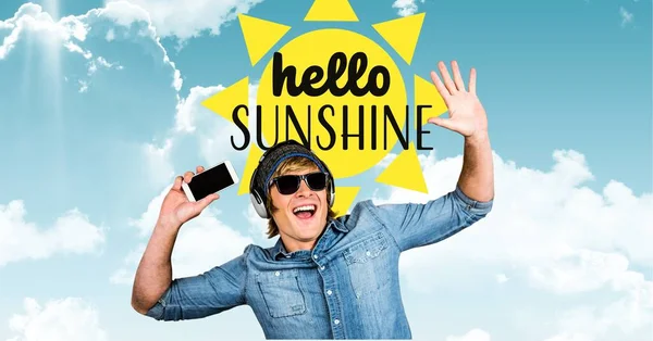 Hello Sunshine Text Sun Icon Caucasian Man Listening Music Sky — Stock fotografie