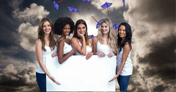 Group Diverse Young Women Holding Blank Placard Copy Space Clouds — Zdjęcie stockowe
