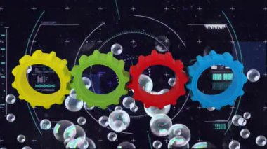 Vites ve veri işleme üzerinde yüzen baloncukların animasyonu. veri işleme, dijital arayüz ve teknoloji konsepti dijital olarak oluşturulmuş video.