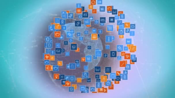 Animation Network Connections Icons Globe Blue Background Global Network Connections — Stock Video