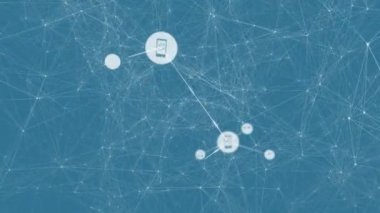 Takımyıldızları ile mavi arkaplan üzerindeki simgelerle bağlantı ağının canlandırılması. küresel bağlantılar, veri işleme ve teknoloji konsepti dijital olarak oluşturulmuş video.