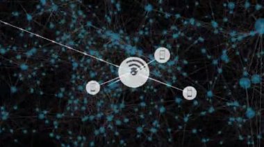 Takımyıldızlı siyah arkaplan üzerindeki simgelerle bağlantı ağının animasyonu. küresel bağlantılar, veri işleme ve teknoloji konsepti dijital olarak oluşturulmuş video.
