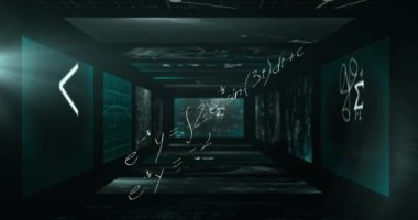 Ekranların üzerinde verilerle bilimsel formüllerin animasyonu. küresel bilim, bilgisayar ve veri işleme kavramı dijital olarak oluşturulmuş video.