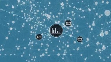 Takımyıldızları ile mavi arkaplan üzerindeki simgelerle bağlantı ağının canlandırılması. küresel bağlantılar, veri işleme ve teknoloji konsepti dijital olarak oluşturulmuş video.