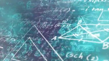 Yeşil ve mor arkaplan üzerinde matematik formüllerinin animasyonu. veri işleme, bilim, dijital arayüz ve dijital olarak oluşturulmuş video konsepti.