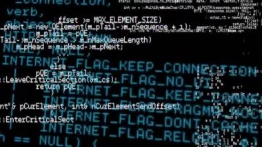Siyah arkaplanda bilgisayar kodu işleme animasyonu. bilgisayarlar, programlama, teknoloji ve dijital arayüz kavramı dijital olarak oluşturulmuş video.