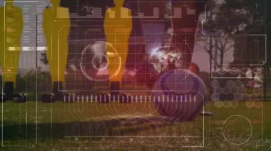 Çeşitli erkek futbolcuların bacaklarının üzerinde farklı veri işleme animasyonları. global spor, teknoloji, veri işleme ve dijital arayüz kavramı dijital olarak oluşturulmuş video.