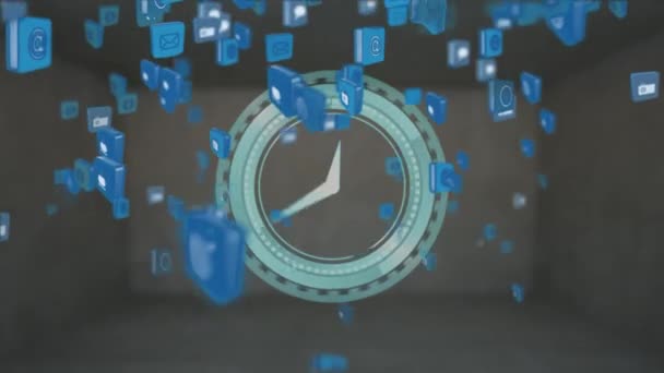Animación Iconos Tecnología Reloj Moviéndose Sobre Fondo Gris Red Global — Vídeos de Stock