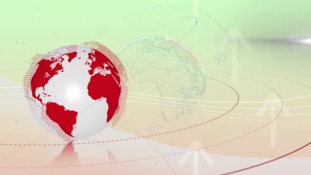 在绿色和橙色背景上动画旋转的地球 连接和箭头 全球网络 技术和数字接口概念 — 图库视频影像