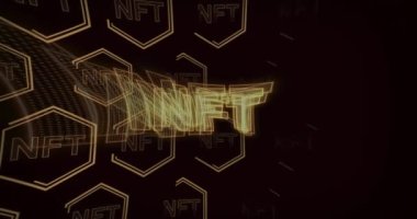 Siyah arkaplan üzerinde hareket eden nft şifreleme sembollerinin animasyonu. küresel iş, finans ve dijital arayüz kavramı dijital olarak oluşturulmuş video.