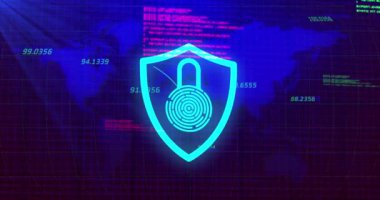 Dijital kalkanın animasyonu, mavi arka planda asma kilit ve dünya haritası. küresel ağ, İnternet güvenliği ve veri güvenliği konsepti dijital olarak oluşturulmuş video.