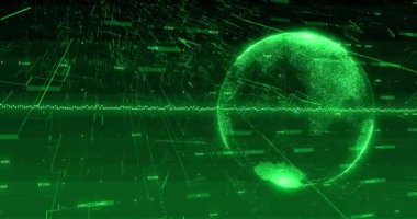 Yeşil ve siyah arkaplanda dönen yeşil grafiklerin ve dünyanın animasyonu. küresel ağ, veri işleme ve teknoloji konsepti dijital olarak oluşturulmuş video.