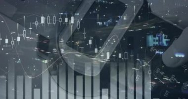 Ödeme terminali ve trafik zamanlaması olan bir adamın finansal verilerinin animasyonu. finans, ekonomi, temassız ödemeler ve dijital olarak üretilen teknoloji konsepti.