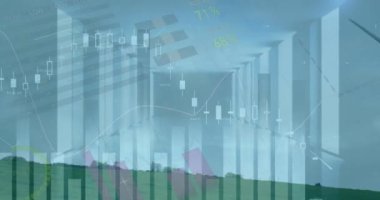 Rüzgar türbininin üzerindeki grafiklerin ve finansal verilerin animasyonu. finans, ekonomi, yenilenebilir kaynaklar ve dijital olarak üretilen enerji konsepti.