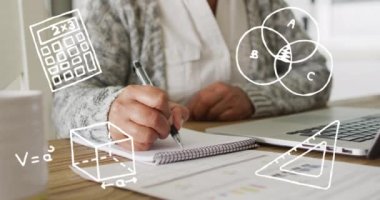 Not alan ve dizüstü bilgisayar kullanan kadınlara karşı çoklu matematik kavramı simgeleri. okul ve eğitim kavramı