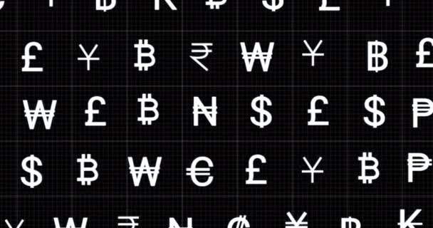 Animation Rows Currency Signs Moving Black Background Global Business Finance — Stock Video