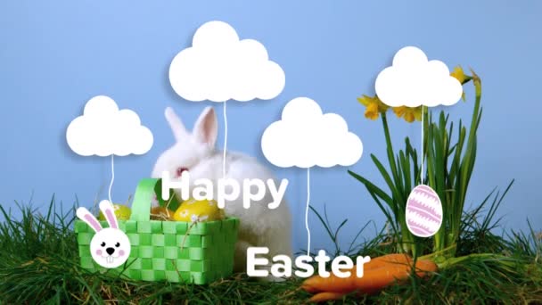 Szczęśliwego Wielkanocnego Tekstu Baner Przeciwko Wielkanocnego Króliczka Pisanki Koszyku Przeciwko — Wideo stockowe