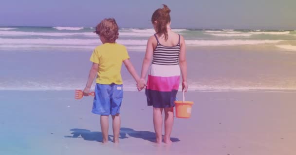 Rear View Caucasian Brother Sister Standing Beach National Siblings Day — Stock Video