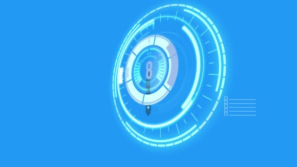 青の背景にカウントダウンでデータ処理とスコープスキャンのアニメーション データ処理とデジタルインターフェースの概念デジタル生成されたビデオ — ストック動画