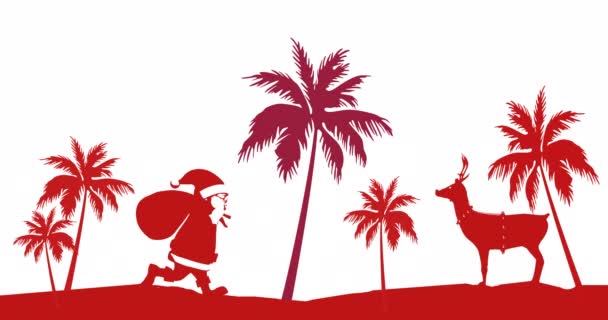 Animation Red Santa Claus Reindeer Palm Trees White Background Leon — Stock Video