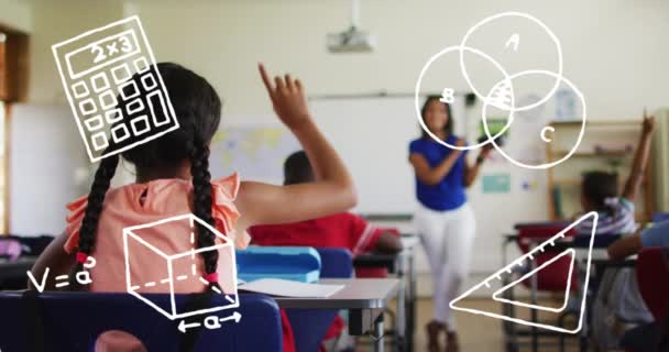 Εικονίδια Μαθηματικής Αντίληψης Εναντίον Αφροαμερικανού Κοριτσιού Που Σηκώνει Χέρι Της — Αρχείο Βίντεο