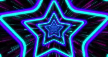 Mor ve mavi yıldızların animasyonu kusursuz döngüde hipnotik hareketlerle hareket eden neon desenleri. ışık, desen ve hareket konsepti dijital olarak oluşturulmuş video.