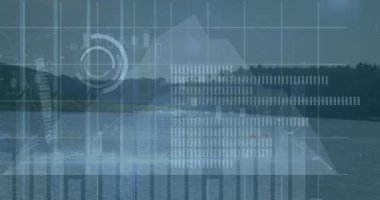 Göl manzarası üzerinde grafik ve veri işleme animasyonları. finans, ekonomi ve enerji konsepti dijital olarak oluşturulmuş video.