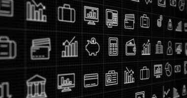 Siyah arka planda hareket eden iş simgelerinin animasyonu. küresel iş, finans ve dijital arayüz kavramı dijital olarak oluşturulmuş video.