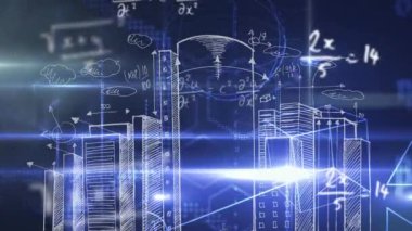Matematiksel denklemler mavi arkaplanda ışık ve şehir manzarası çizimlerine karşı yüzüyor. okul ve eğitim kavramı
