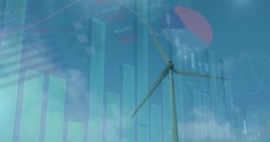 Rüzgar türbininin üzerindeki grafiklerin ve finansal verilerin animasyonu. finans, ekonomi, yenilenebilir kaynaklar ve dijital olarak üretilen enerji konsepti.