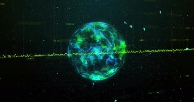 Siyah arkaplanda dönen yeşil grafiklerin ve dünyanın animasyonu. küresel ağ, veri işleme ve teknoloji konsepti dijital olarak oluşturulmuş video.