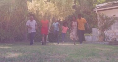 Afrika kökenli Amerikalı üç kuşak aile bahçede el ele tutuşup birbirlerine soruyorlar. aile, sevgi ve birliktelik kavramı