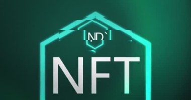 Mavi arkaplandaki neon altıgendeki nft metni üzerindeki parazitin canlandırması. küresel teknoloji ve dijital arayüz kavramı dijital olarak oluşturulmuş video.