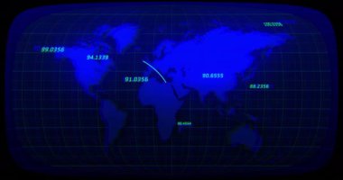 Mavi arkaplanda dünya haritasıyla numaraların ve bağlantıların animasyonu. küresel ağ, veri işleme ve teknoloji konsepti dijital olarak oluşturulmuş video.